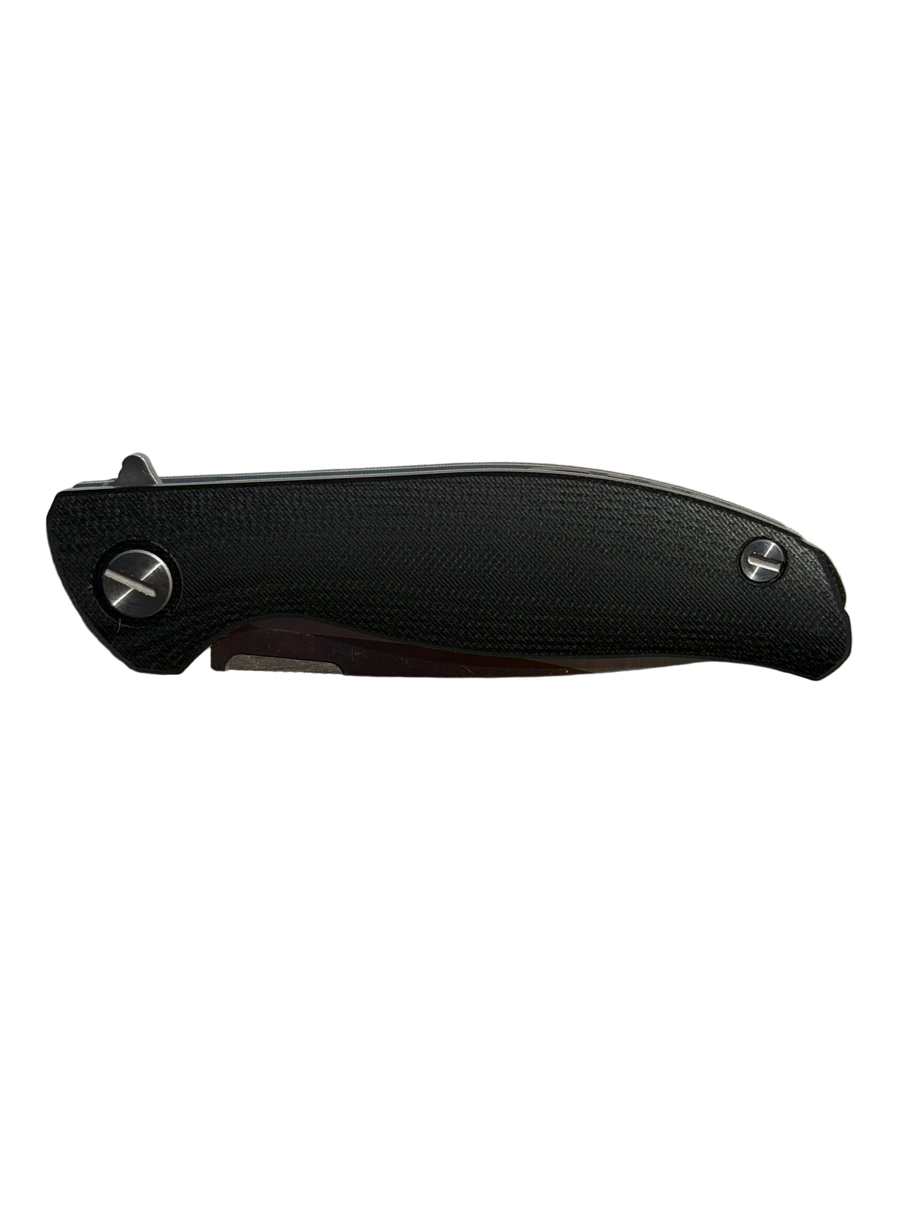A folding pocket knife with a textured black handle and a dark metallic blade, shown on a light gray fabric background.