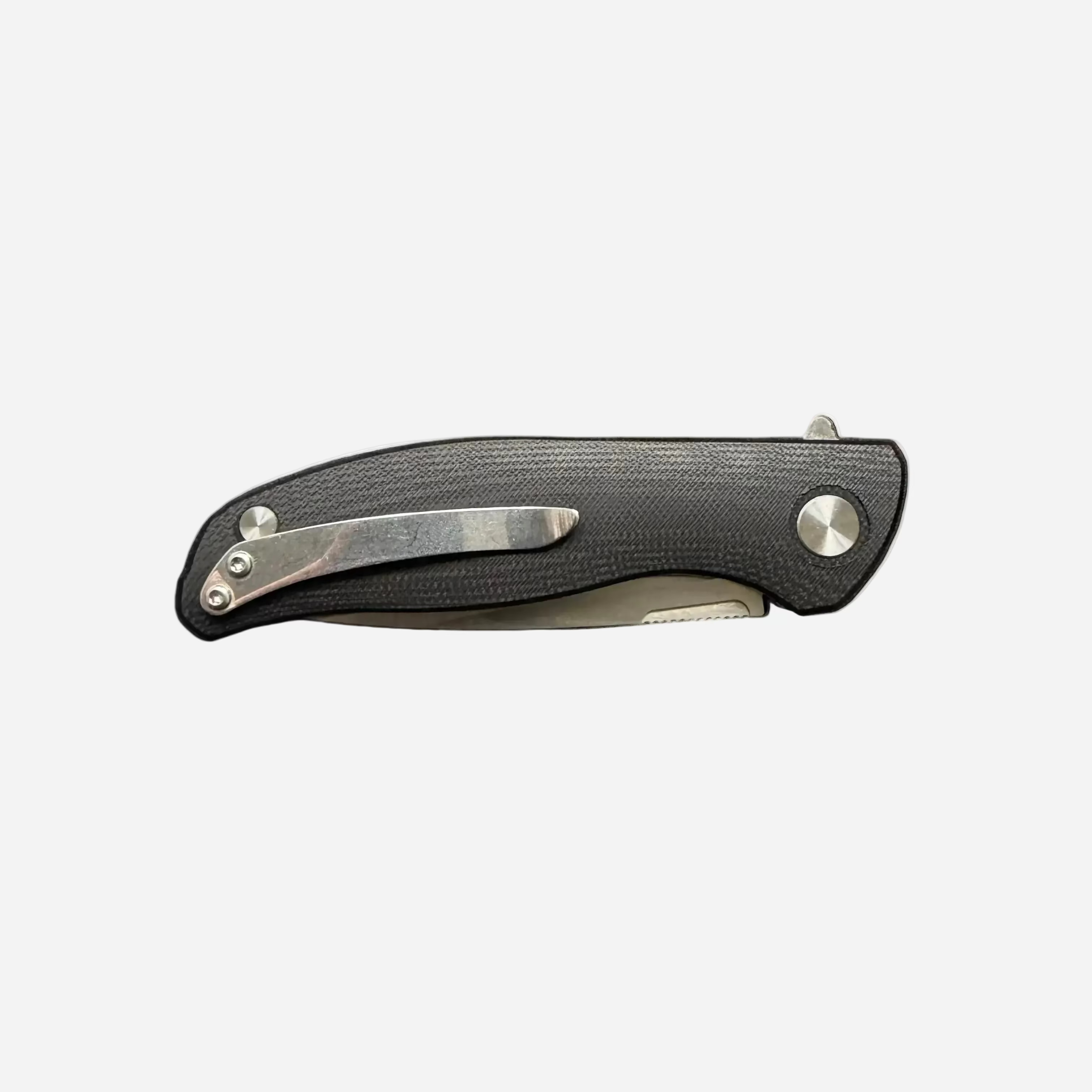 Folding knife with a black handle and silver blade on a white background