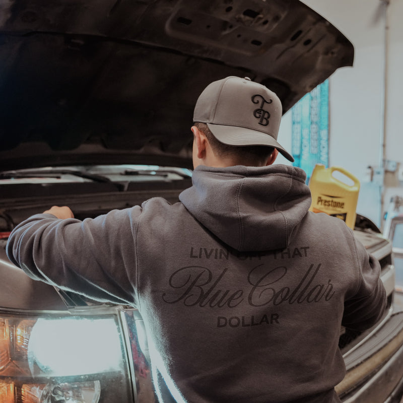 Livin' Off That Blue Collar Dollar Hoodie - Smoke / Black Print