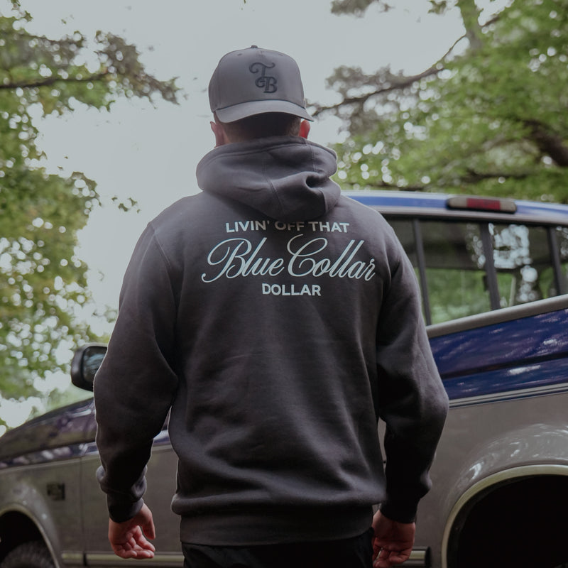Livin' Off That Blue Collar Dollar Hoodie - Smoke / White Print
