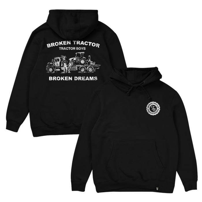 Broken Tractor, Broken Dreams Distressed Hoodie in Black - back and front