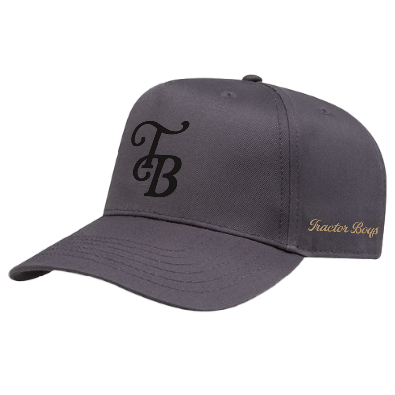 'TB' Charcoal Grey Snapback with black TB embroidery and gold side script
